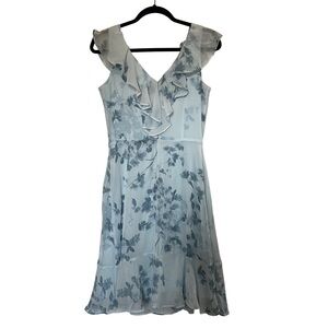 DKNY Light Blue Floral Ruffle V-Neck Dress Size 2